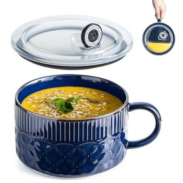 Imagem de Gomakren Tigela de sopa com alça de 1,105 g, tigela de ramen com tampa, recipiente de sopa de cerâmica, caneca para cereais ramen, escritório, almoço, dormitório, seguro para micro-ondas, azul cobalto