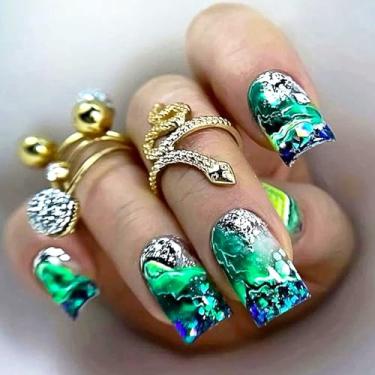Imagem de Rilafuvu Unhas postiças curtas, ombré, verde-esmeralda, unhas prensadas, cola nas unhas, glitter acrílico, unhas postiças brilhantes, unhas postiças para mulheres, 24 peças (unhas quadradas de mármore
