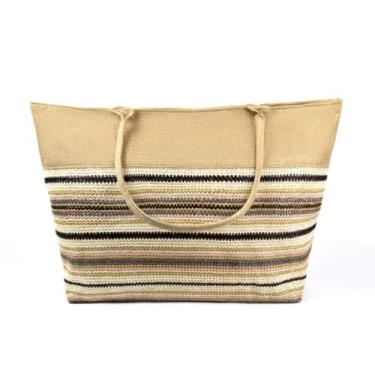 Imagem de Bolsa de Praia Grande Listrada, Tecido de Juta Natural, Design Casual com Listras em Preto e Bege, Alças Duplas