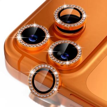 Imagem de Misea Compatível com iPhone 17 Pro/iPhone 17 Pro Max protetor de lente de câmera Bling, 9H vidro temperado protetor de tela de metal anel individual acessórios de decoração, diamante laranja