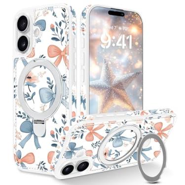 Imagem de Fingic Capa magnética para iPhone 17 [compatível com Mag-Safe] Linda estampa floral elegante gravata borboleta estética slim fit fino suporte invisível couro PU capa protetora à prova de choque para