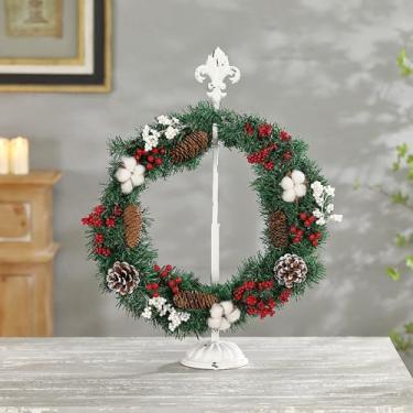 Imagem de Oligsky Guirlanda para exibição, suporte de guirlanda ajustável, suporte de guirlanda retrô branco de ferro fundido de 45,7 a 66 cm com base pesada, suporte alto de flor de lis para chão e mesa de