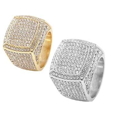 Imagem de Charles Raymond Combo de dois anéis - Anel masculino grande e brilhante Hip Hop Iced Out Luxury Oversize - 444 (prata + ouro), latão, ouro, metal, prata, tungstênio, zircônia, Sem pedra preciosa