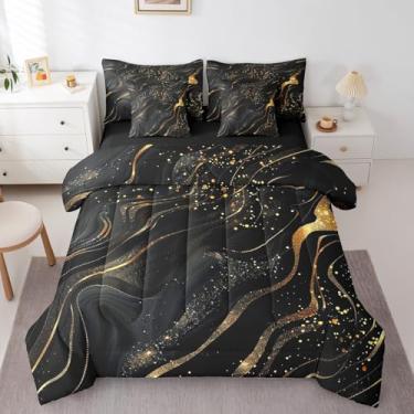 Imagem de Erosebridal Conjunto de edredom King com textura de mármore, ouro preto, para crianças, meninos, meninas, brilhante, moderna, estética e pedra em uma bolsa, conjunto de lençol de areia movediça de