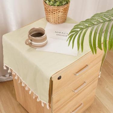 Imagem de HSOFTIFY Capa de mesa de cabeceira 100% de linho puro com borla, 39 x 90 cm, capa retangular de mesa de cabeceira de café, para mesa lateral de cama, TV e microondas (verde)