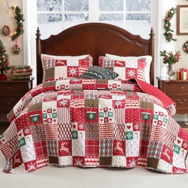 Imagem de FROZZUR Conjunto de colcha de Natal tamanho king - roupa de cama xadrez com estampa de rena e floco de neve, colcha de inverno - edredom de Natal leve e macio para presente e decoração de casa de