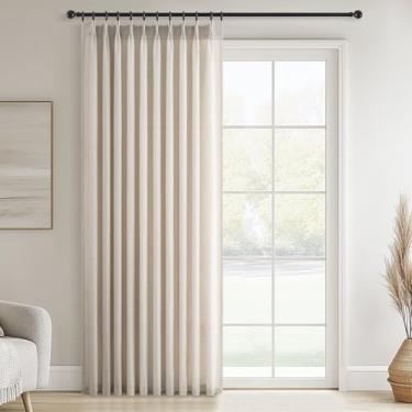 Imagem de Cortinas de linho plissadas de aveia 213 cm de comprimento, 1 painel para quarto, sala de estar, texturizada, semitransparente, boho, aba traseira neutra, plissada, drapeada com ganchos de 213 cm de