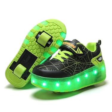 Imagem de BFOEL Tênis infantil recarregável para meninos e meninas de 6 a 14 anos com iluminação LED para brincadeiras ao ar livre, aniversário, preto e verde, Preto, verde, 14