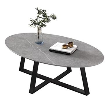 Imagem de Mesa de centro de design simples, mesa de centro oval de design simples para sala de estar, espaços pequenos, mesa lateral com mesa de baloiço e moldura de metal, mesa lateral minimalista de 99 cm