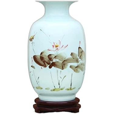 Imagem de AKALNNB Vaso de flor vaso de cerâmica chinês retrô pintado à mão vasos de porcelana azul e branco 37 cm grande decoração de mesa vaso de flores com base vasos decorativos