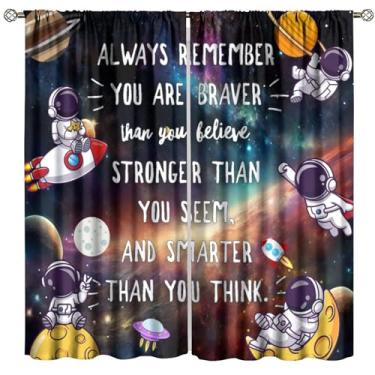 Imagem de Fblifil Cortina de galáxia de desenho animado infantil, foguete de astronauta fofo, menino engraçado impresso no espaço sideral tratamentos de janela para quarto sala de estar 107 cm L x 114 cm C