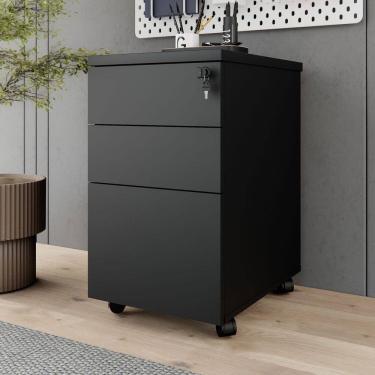 Imagem de Gaveteiro Móvel Escritório 3 Gavetas e Chave com Rodízios e Puxadores Metálicos Corporate Preto