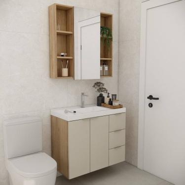 Imagem de Conjunto de Banheiro sem Cuba 80cm Gaveta Direita Vittare Carvalho/Nude