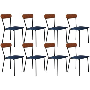 Imagem de Kit 08 Cadeiras Estofada Para Sala de Jantar Liora Preto C01 Linho Azul Courino Caramelo  - Lyam Decor