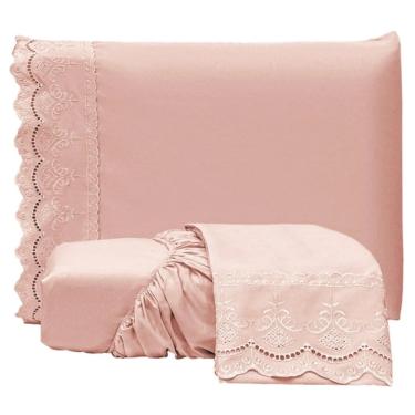 Imagem de Jogo de Lençol Casal Padrão Bordado Ingles Micropercal 300 Fios Toque de Algodão 3 Peças - Rose