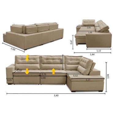 Imagem de Sofá de Canto Retrátil e Reclinável com Molas 3,40x2,00 Viena Suede Mi