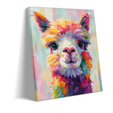 Imagem de Impressão em tela Boho Girafa, Alpaca, cachorro, gato, vaca | Pintura abstrata de animais arco-íris para decoração de berçário de bebê, quarto de meninas | Arte caprichosa para sala de jogos infantil