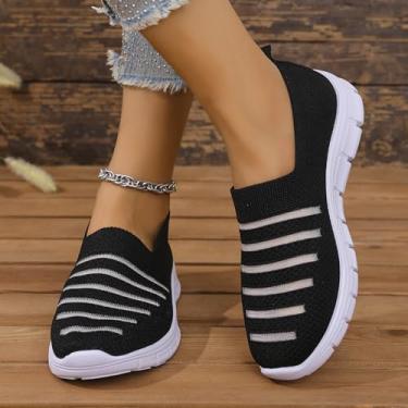 Imagem de Tênis feminino sem cadarço confortável, leve, respirável, de malha antiderrapante, casual, tênis para academia, viagem, trabalho, Preto, 37
