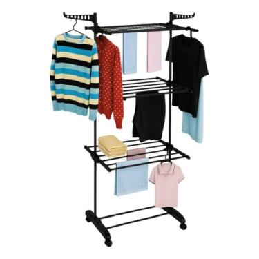 Imagem de Varal de Chão Dobrável 3 Andares com 4 Rodas e Reforço Duplo | Varal Interno Resistente para Secagem de Roupas(Todo Preto)
