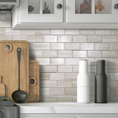 Imagem de Azulejo de mármore Backsplash para metrô de 5 folhas, azulejos autoadesivos de pedra natural cinza de 30 x 30 cm, suporte para cozinha, banheiro, lareira