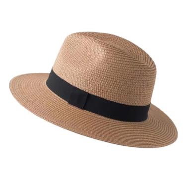 Imagem de Chapéu de palha Panamá de verão masculino e feminino, aba larga, proteção UV, chapéu fedora cáqui, preto, 56-58 cm