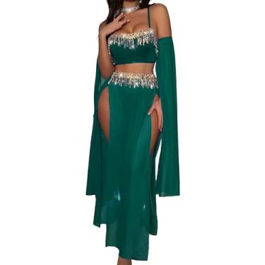 Imagem de Panegy Women Exotic Belly Dancer Costume Set Carnival High Slit Mesh Skirt Adjustable Strap Crop Top Lingerie Outfit Costume Green M