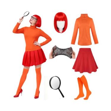 Imagem de casapre Conjunto de fantasia feminina Velma de Halloween com 7 peças, fantasia de personagem feminina, fantasias clássicas de filmes, Azul, Large