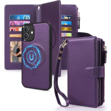 Imagem de CMIDUS Capa magnética para iPhone 16 Plus, carteira compatível com suporte de cartão com bloqueio de RFID Magsafe, capa de telefone destacável, alça de pressão, bolso com zíper, couro PU de 6,7