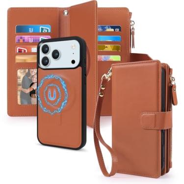 Imagem de CMIDUS Capa magnética para iPhone 17 Pro, carteira compatível com suporte para cartão Magsafe com bloqueio de RFID, capa de telefone destacável, alça de pressão, bolso com zíper, couro PU de 6,3