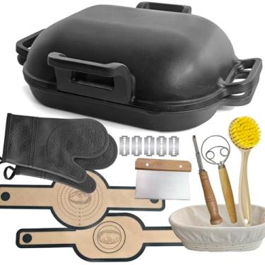 Imagem de MXWLEIEL Forma de forno de ferro fundido – Conjunto de forno holandês cloche de pão selado de 39,4 cm x 32 cm x 12,7 cm com alças de tampa, para assar peru, frango, vegetais e panificação caseira