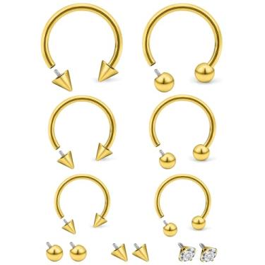 Imagem de Cisyozi Anéis de septo de ouro 14G, ferradura, septo, nariz, lábio, argola, mordida de cobra, aço inoxidável cirúrgico, calibre 14, tragus, catilagem, hélice, daith, torre, brinco, piercing sorridente