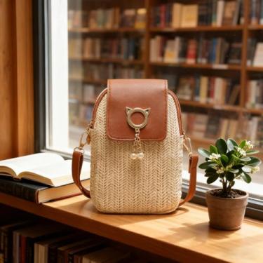 Imagem de Bolsa transversal para celular feminina, bolsa transversal de ombro pequena, bolsa de palha para celular, para passeios diários, compras e estilo
