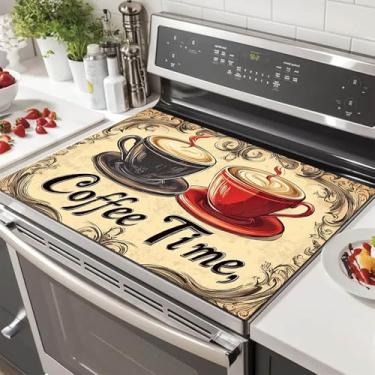 Imagem de HOMETITUTE Tampa superior de fogão de copo duplo, 71 x 50 cm, tapete decorador de fogão de vidro, vintage, café, bar, decoração de cozinha, fogão elétrico, protetor superior de vidro, tapete