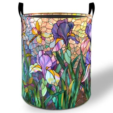 Imagem de Cesto de lavanderia com flor de íris, 50 cm x 40 cm, balde de armazenamento de roupas Oxford dobrável à prova d'água para quarto, banheiro, quarto, berçário, decoração, organizador de brinquedos