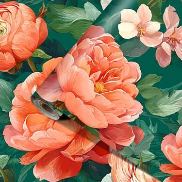 Imagem de HOMETITUTE Papel de parede floral para descascar e colar papel de parede floral vintage papel de parede autoadesivo PVC design peônia botânica removível 39,9 cm x 100,1 cm para quarto, sala de estar