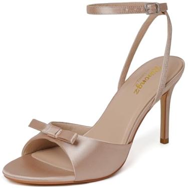 Imagem de RIBONGZ Sandálias femininas de salto alto, bico redondo, bico aberto, sexy, gatinha, salto agulha, tira no tornozelo, sapatos de noiva com laço, verão, festa de casamento, casual, escritório, trabalho
