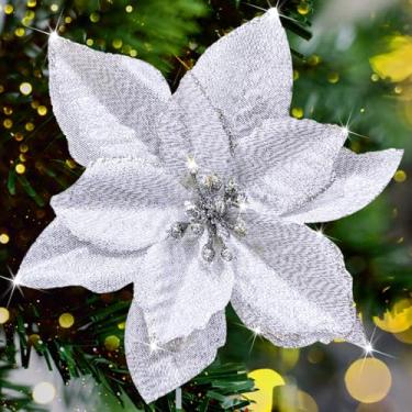 Imagem de Lippbest 12 peças, flor de poinsétia, poinsétia artificial com haste, decoração de Natal, purpurina, poinsétia, enfeites de Natal, árvore de Natal, decoração de flores, faça você mesmo, guirlanda de