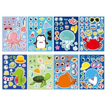 Imagem de 8 peças de adesivos fofos de animais do oceano Make A Face, adesivos para lembrancinhas de festa, arte, artesanato, jogos, prêmios de atividade escolar, adesivos à prova d'água para meninas, meninos