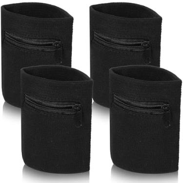 Imagem de LIQWEI 4 peças bolsa de pulso com zíper, faixas de suor de algodão para homens e mulheres, respirável, absorvente ao ar livre, esportes ao ar livre, bolsa de pulso elástica para corrida, caminhada