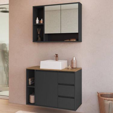 Imagem de Armário de Banheiro Belagavi 3 Portas 3 Gavetas com Cuba e Espelho Grafite - Art In Móveis