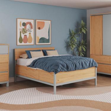 Imagem de Cama Casal Square 6 Gavetas Madeira Maciça Natural Pine e Cool Grey