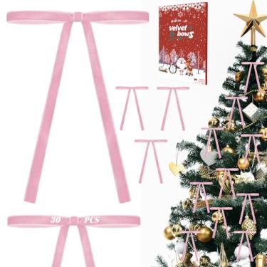 Imagem de 30 peças de laços de veludo para árvore de Natal - pequenos arcos de árvore de Natal rosa, laços de fita vintage para guirlanda, guirlanda, lareira, porta, embrulho de presente, ornamentos de laços de