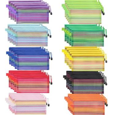 Imagem de 100 unidades de pastas coloridas listradas de fita Washi Washi com zíper 10 cores, 10 peças de cada cor, organizador de arquivos ideal e sacos de armazenamento, sacos plásticos impermeáveis