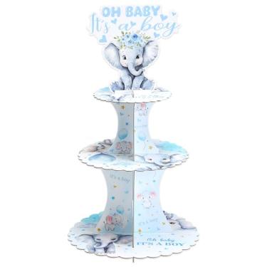 Imagem de Suporte de cupcake de elefante azul Oh Baby It's a Boy, decorações de chá de bebê, 3 camadas, suporte de bolo de elefante para crianças, meninos, suprimentos para festas de aniversário, chá de bebê