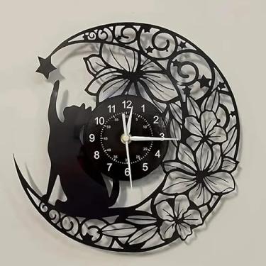 Imagem de Relógio de parede com disco de vinil de 30 cm, decoração de gato, lua, flor, retrô, vintage, movimento silencioso, amante de música e mãe de gato, presente para sala de estar, quarto, escritório