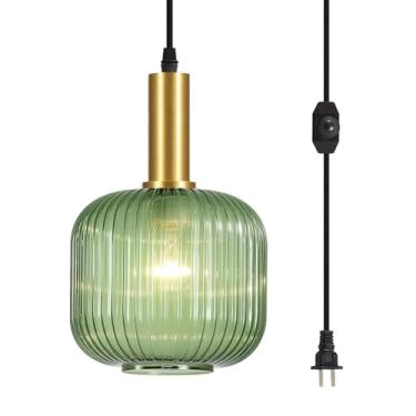 Imagem de Luminária pendente de plugue vintage, luzes pendentes de vidro verde, ilha de cozinha, lustre moderno com interruptor liga/desliga para quarto, sala de estar, hotel