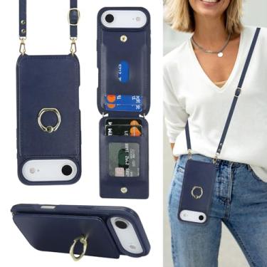 Imagem de Lipvina Capa para iPhone 17 Air com suporte para cartão e alça para mulheres, cordão transversal, suporte de anel, fecho de pressão, capas de carteira de telefone fofas de 6,6 polegadas (azul escuro)