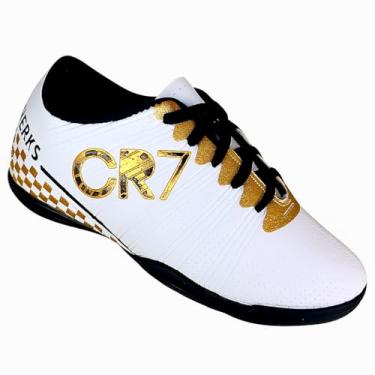 Imagem de Chuteira Infantil Futsal Futebol Menino Leve Macio CR (Branco-Dourado, BR, Criança de 4 a 8 anos, Numérico, 28)