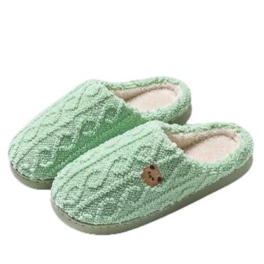 Imagem de Pantufas femininas de pelúcia felpudas com sola antiderrapante para uso interno e externo, tamanco quente sem cadarço para inverno, outono, maternidade, pós-parto, Verde, 38