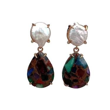 Imagem de Brincos femininos banhados a ouro com sedimentos marrons de 18 x 25 mm e pérola branca cultivada